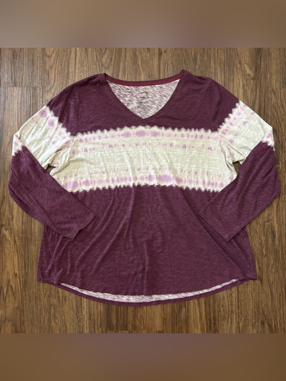 Sonoma Everyday Tee 2XL Purple White Tie Dye Long Sleeve V-Neck Top